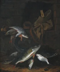 Visstilleven met snoek en brasem op een muur