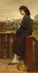 Meisje dat breit op het balkon, Montmartre, 1869