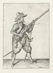 Musketier plaatst zijn furket eronder, ca. 1600
