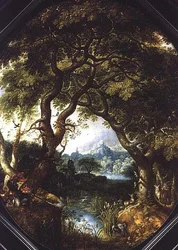 Een Bebost Landschap met Jagers bij een Stroom