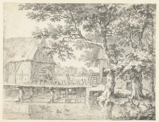 Gezicht op twee watermolens aan weerszijden van een sluis