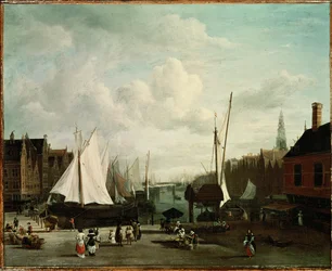 Haven met zeilboten en marktstalletjes (schilderij op canvas)
