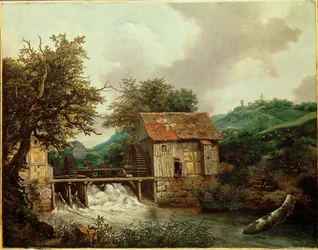 Twee watermolens en een open sluis bij Singraven, Nederland (olieverf op doek)