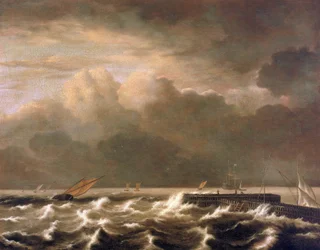 Stormachtige zee die over de pier slaat, met kleine vissersboten gevangen in de storm, door Jacob Isaakszoon van Ruisdael