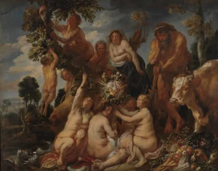 Achelous verslagen door Hercules. De oorsprong van de hoorn des overvloeds. (Allegorie van vruchtbaarheid)