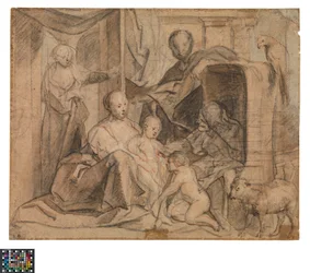 Duits: De Heilige Familie met Elisabeth en Johannes de Doper (achterkant: deur, deuropening en Hermes)
Nederlands: De Heilige Familie met Elisabeth en de kleine Johannes (keerzijde: Deur, deuropening en Hermes)