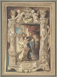 De presentatie in de tempel, met een ontwerp voor een gebeeldhouwde lijst, ca. 1630-1635