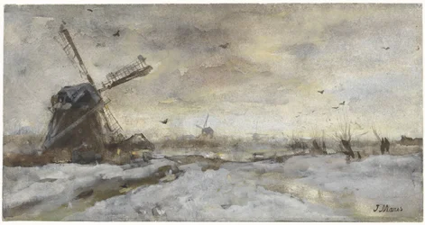 Landschap met molen in de sneeuw