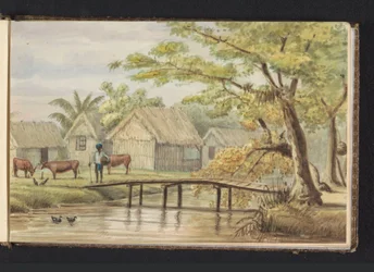 Slavenwoningen op de koffieplantage Sorgvliet. Slavewoning (titel op object). Gezicht op de Blackhuizen op plantage Sorgvliet (titel op object). Album met tekeningen van Suriname, p. 5 (50) (serietitel)