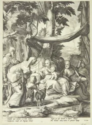 De heilige familie zittend in een landschap met Elisabeth, Zacharias en Johannes de Doper als kind