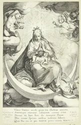 Maagd Maria met het Christuskind op de halve maan, omringd door engelen