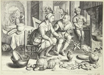 Keukenscène met een man en een vrouw die een kip braden