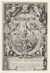Kruisiging in allegorische omlijsting