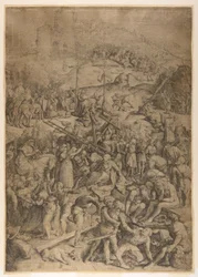 De bespotting, geseling en kruisiging van Christus