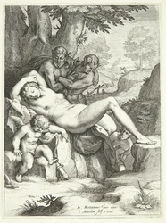 Venus en Amor slapen en worden bekeken door saters