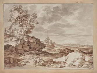 Landschap met dorp en twee boeren