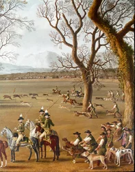 Ferdinand IV op everzwijnenjacht op het landgoed Cassano. Detail, Jakob Philipp, genaamd Hackert d