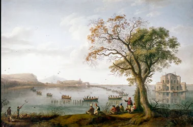 De meerkoetjacht van Ferdinand I van de Twee Siciliën op het meer van Fusaro bij Napels, Italië