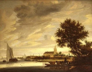 Een rivierlandschap met een veerboot op de voorgrond