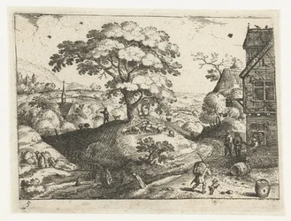 Landschap met reiziger bij herberg