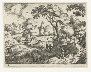 Landschap met reiziger en soldaten