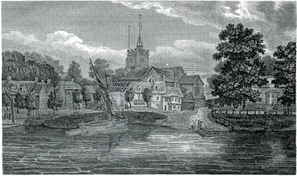Gravure St Nicholas Church Chiswick door Schnebbelie 1807