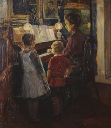Vrouw en kinderen bij de piano
