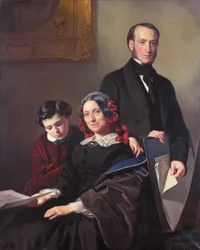 Mevrouw A J Schmidt-Keiser, weduwe van de schilder Willem Hendrik Schmidt (1809-49), de leermeester van Jacob Spoel, met haar broer J N Keiser en haar tienjarig zoontje