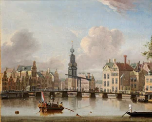 Een uitzicht op de Munt, Amsterdam met figuren in boten en zwemmend in de gracht