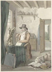 Portret van de kunstenaar Jacob Smies in een atelier met kunstvoorwerpen