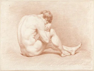 Zittend mannelijk naakt, het hoofd op de knie