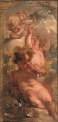 Een allegorie van Vanitas: Vier putti die bellen blazen, een schedel, een schilderspalet en een kroon in de buurt