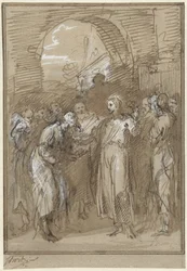 Christus te midden van Farizeeërs voor een poort