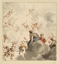 Plafondontwerp met vrouwelijke figuren op wolken en cupido