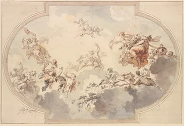 Vele genieën en bacchanten zweven in wolken
