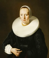 Portret van een dame, halffiguur, in een zwart geappliqueerd keurslijf en jurk met molensteenkraag