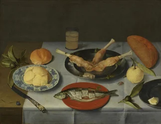 Ontbijt met brood, kaas, vis en bier, ca. 1615