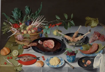 Stilleven met vlees, vis, groenten en fruit