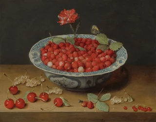 Wilde aardbeien en een anjer in een Wan-Li kom, ca. 1620 (olieverf op koper)