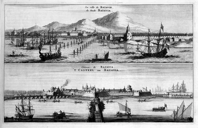 Gezichten van de stad, haven en kasteel van Batavia - in "Ambassade van de Oosterse Compagnie van de Verenigde Provinciën naar de Keizer van China of Grote Khan van Tartaria" door Pierre de Goyer en Jacob de Keyser, Leiden