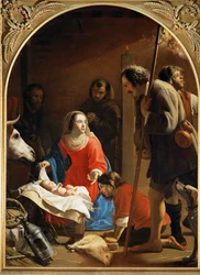 Aanbidding van de herders, op de achtergrond Franciscus van Assisi (schilderij op doek)