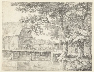 Tekening van een dubbele watermolen