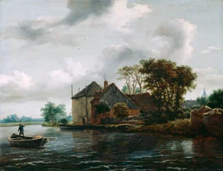 Boerderij en hooiland aan een rivier