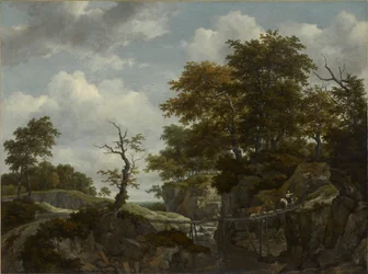 Landschap met brug, vee en figuren