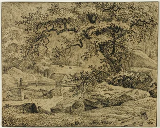 Landschap met figuur rustend onder boom bij stroom