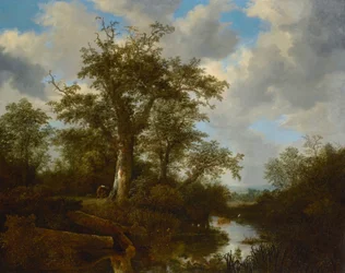 Boslandschap met vee dat een beek oversteekt