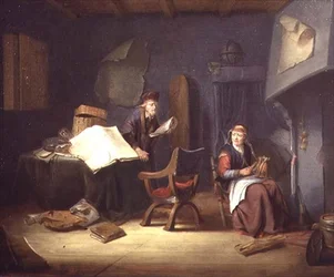 Interieur met een geleerde en een oude vrouw die spint