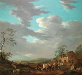 Dutch: Landschap met figuren en vee bij een herberg