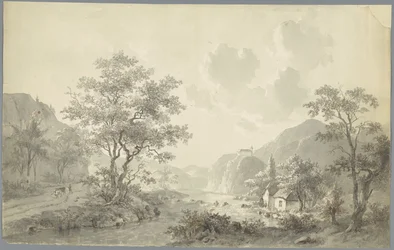 Watervalletje bij een meer in een berglandschap
