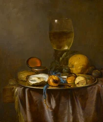 Stilleven met een roemer, uurwerk, oester en fruit